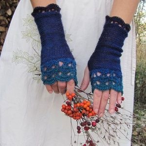 Blueberry Forest Handknit Fingerless Med Length Gloves blue, teal